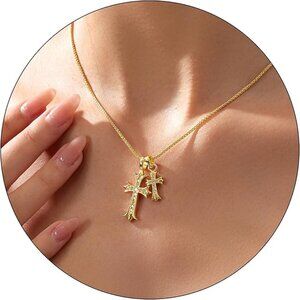 Double Cross - Gold Cross Necklace for Women 14K Plated Dainty Pendant Cross